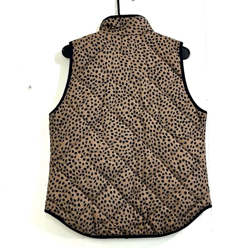 J. Crew Women's Animal Print Quilted Puffer Vest Size M Snap Pockets Zip Clouser